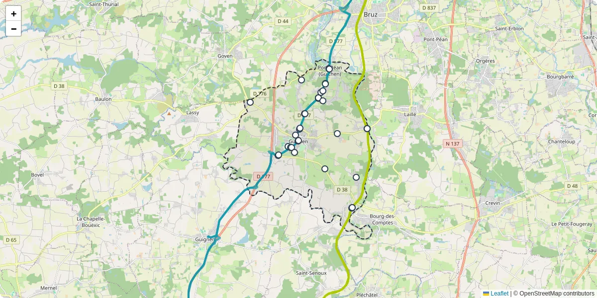 Carte du réseau de transport en commun à Guichen - lignes de bus et arrêts