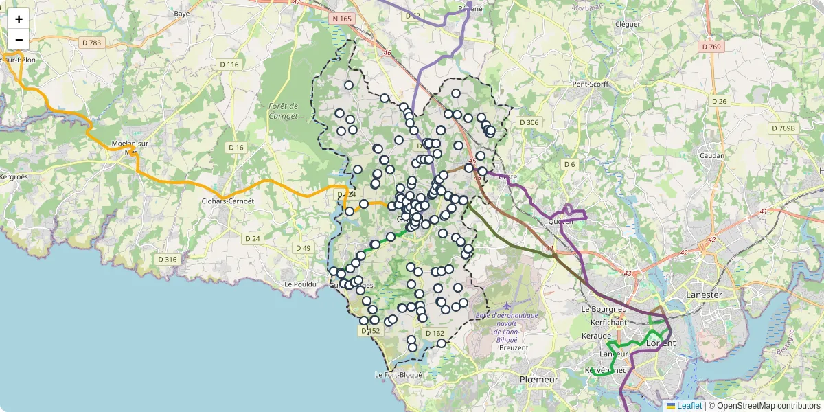 Carte du réseau de transport en commun à Guidel - lignes de bus et arrêts