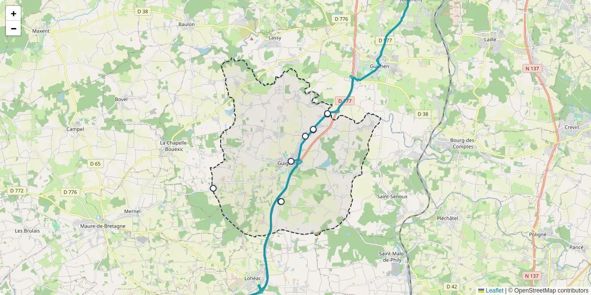 Carte du réseau de transport en commun à Guignen - lignes de bus et arrêts