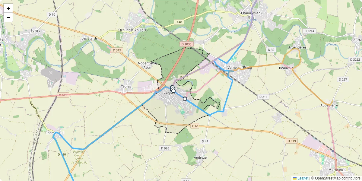 Carte du réseau de transport en commun à Guignes - lignes de bus et arrêts