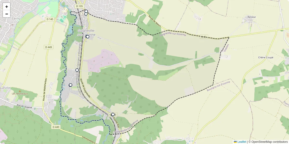 Carte du réseau de transport en commun à Guigneville-sur-Essonne - lignes de bus et arrêts