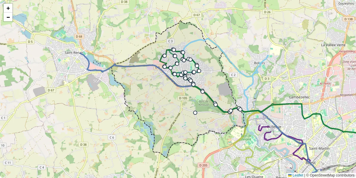 Carte du réseau de transport en commun à Guilers - lignes de bus et arrêts