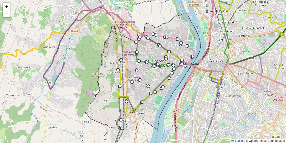 Carte du réseau de transport en commun à Guilherand-Granges - lignes de bus et arrêts