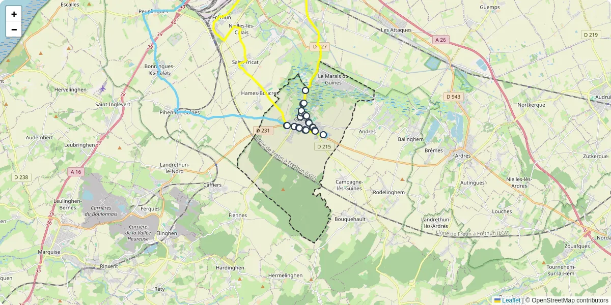 Carte du réseau de transport en commun à Guînes - lignes de bus et arrêts