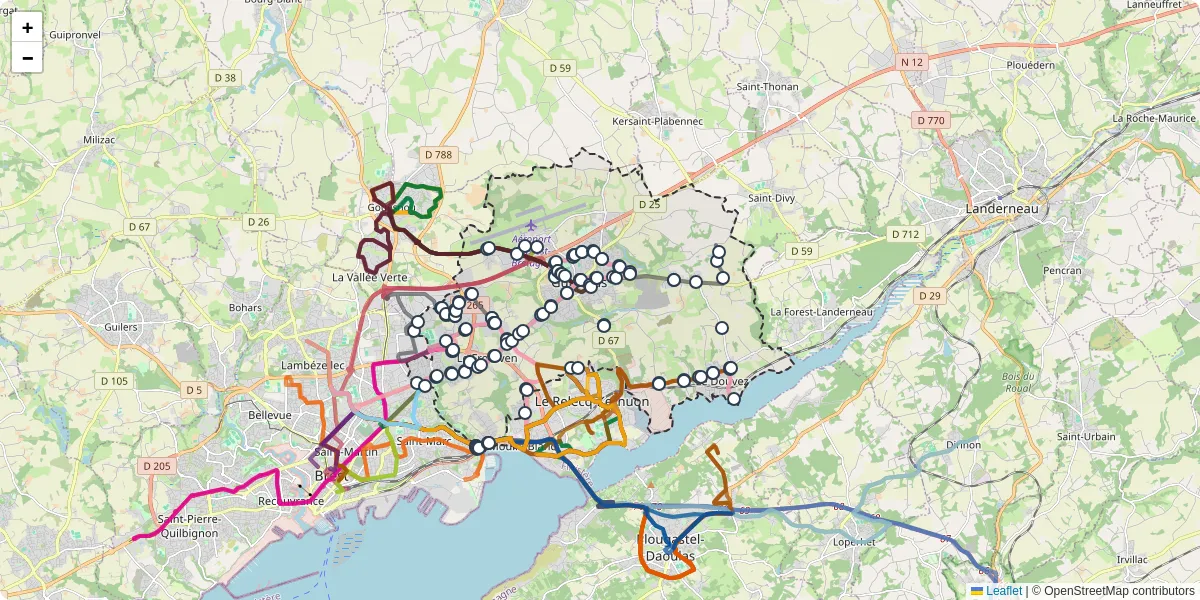 Carte du réseau de transport en commun à Guipavas - lignes de bus et arrêts
