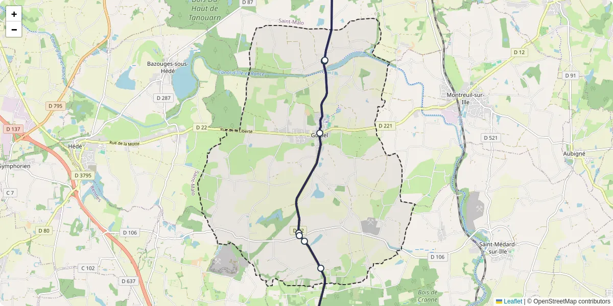 Carte du réseau de transport en commun à Guipel - lignes de bus et arrêts