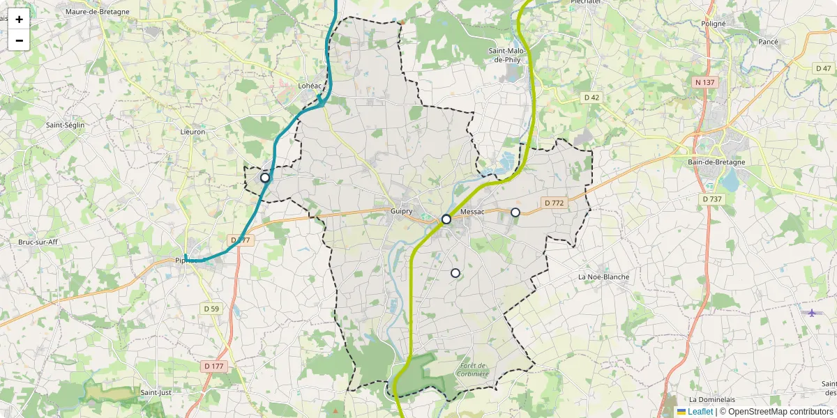 Carte du réseau de transport en commun à Guipry-Messac - lignes de bus et arrêts