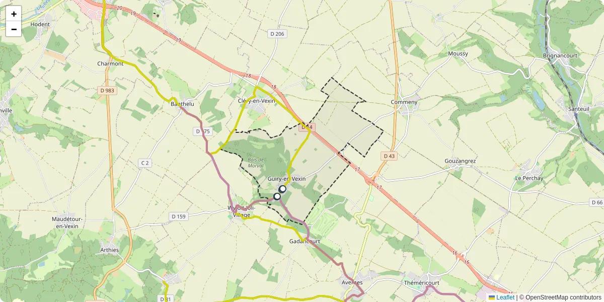 Carte du réseau de transport en commun à Guiry-en-Vexin - lignes de bus et arrêts