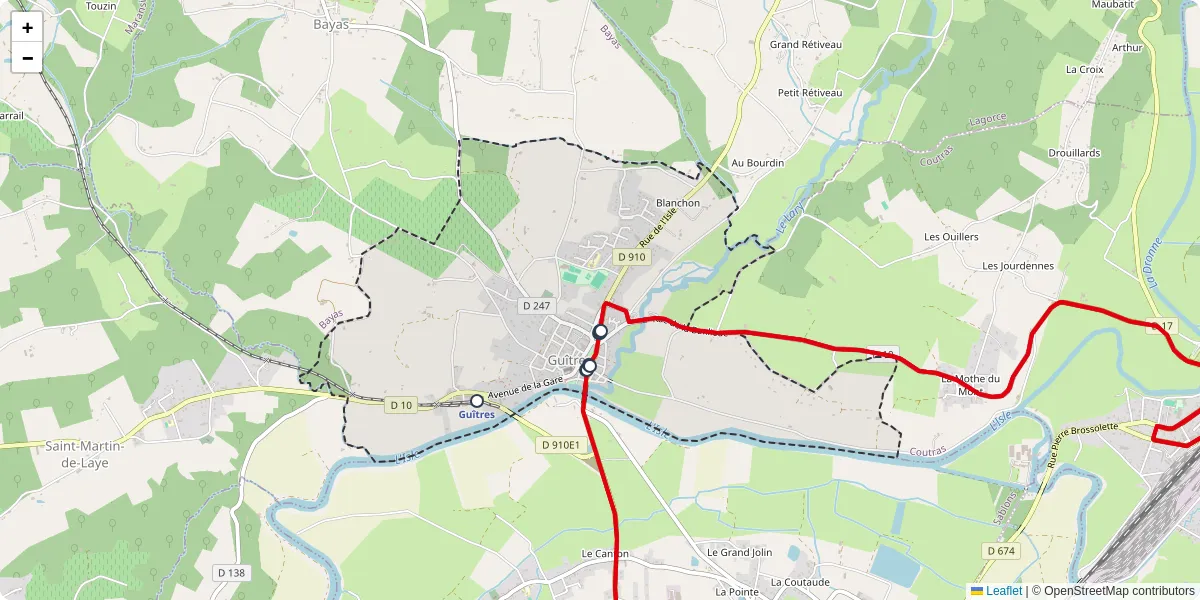 Carte du réseau de transport en commun à Guîtres - lignes de bus et arrêts