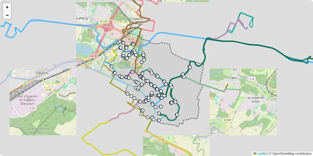 Carte du réseau de transport en commun à Guyancourt - lignes de bus et arrêts