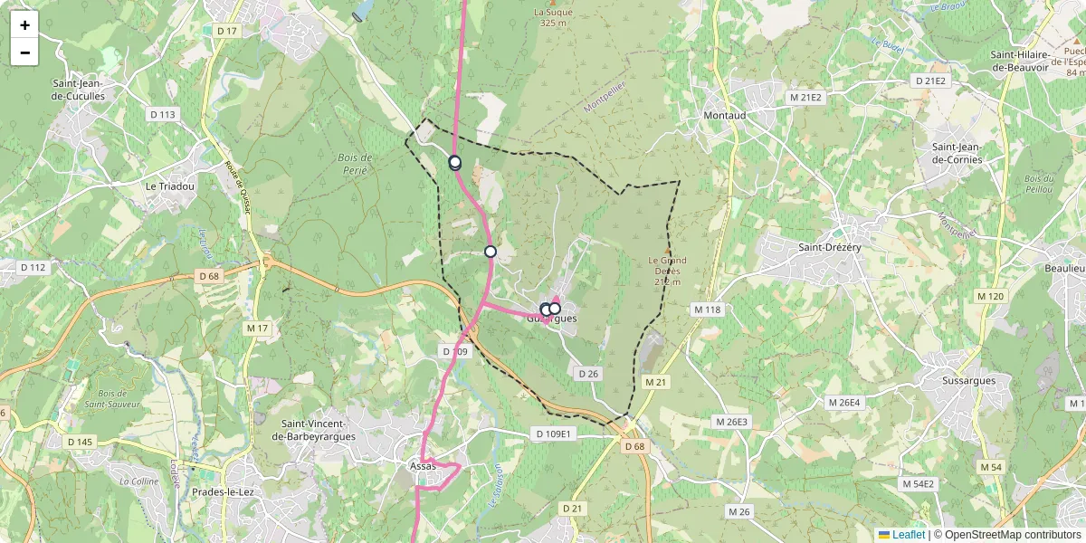 Carte du réseau de transport en commun à Guzargues - lignes de bus et arrêts