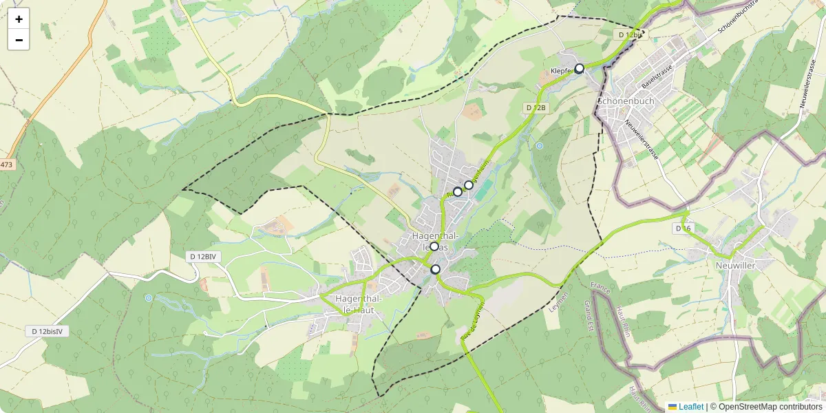 Carte du réseau de transport en commun à Hagenthal-le-Bas - lignes de bus et arrêts