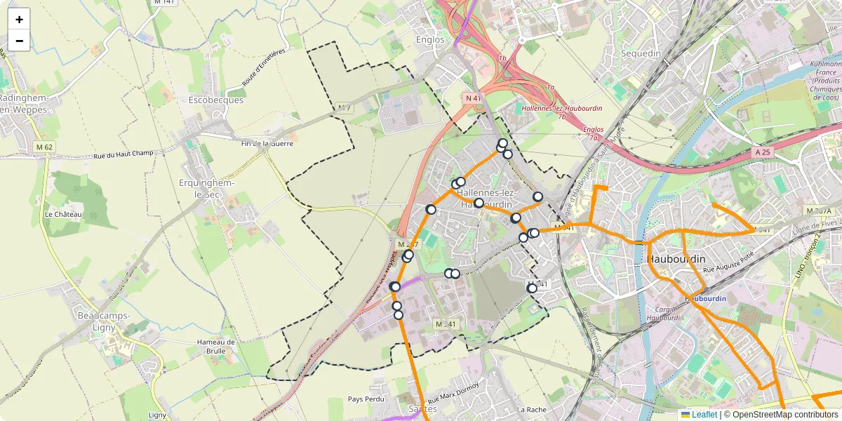 Carte du réseau de transport en commun à Hallennes-lez-Haubourdin - lignes de bus et arrêts