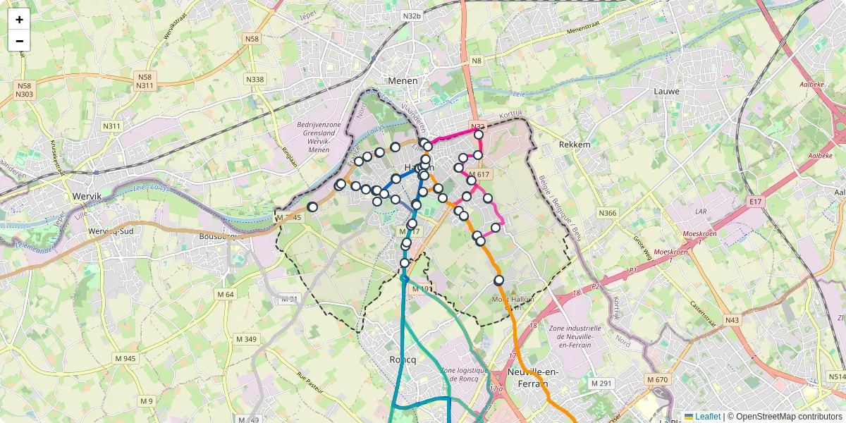 Carte du réseau de transport en commun à Halluin - lignes de bus et arrêts