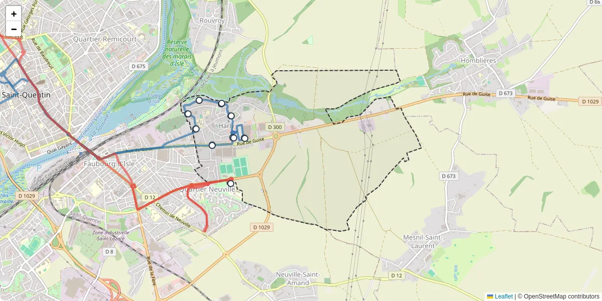 Carte du réseau de transport en commun à Harly - lignes de bus et arrêts