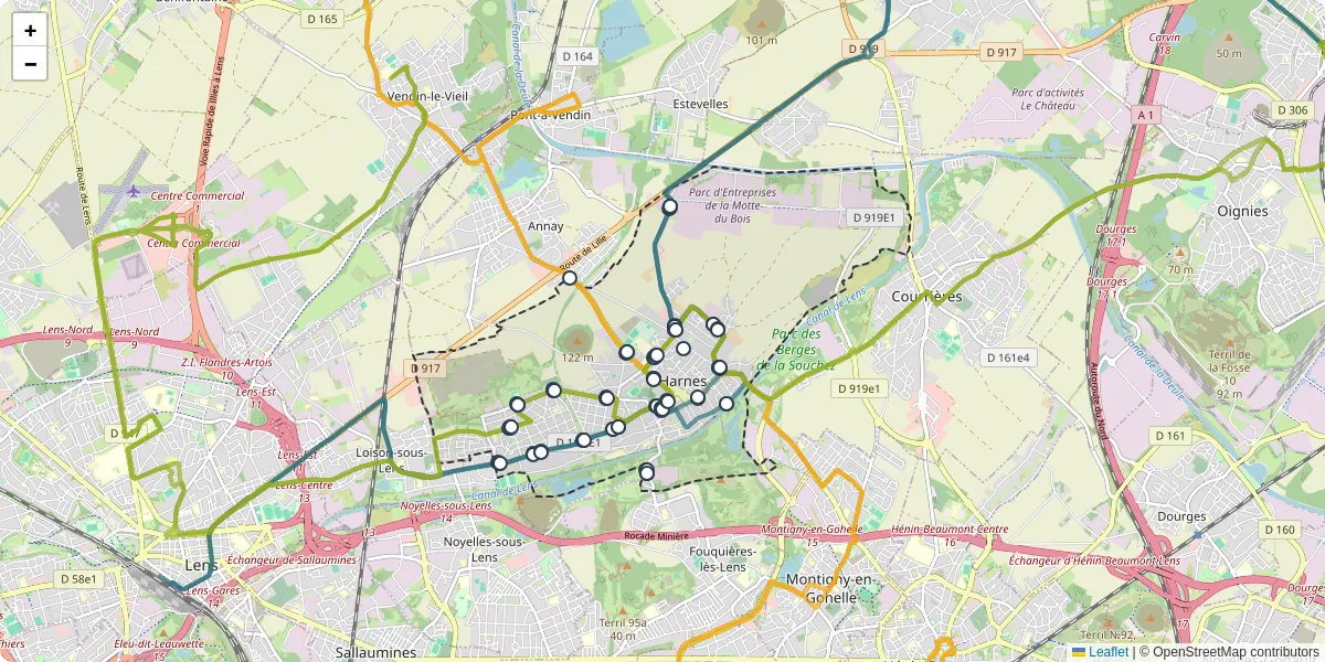 Carte du réseau de transport en commun à Harnes - lignes de bus et arrêts
