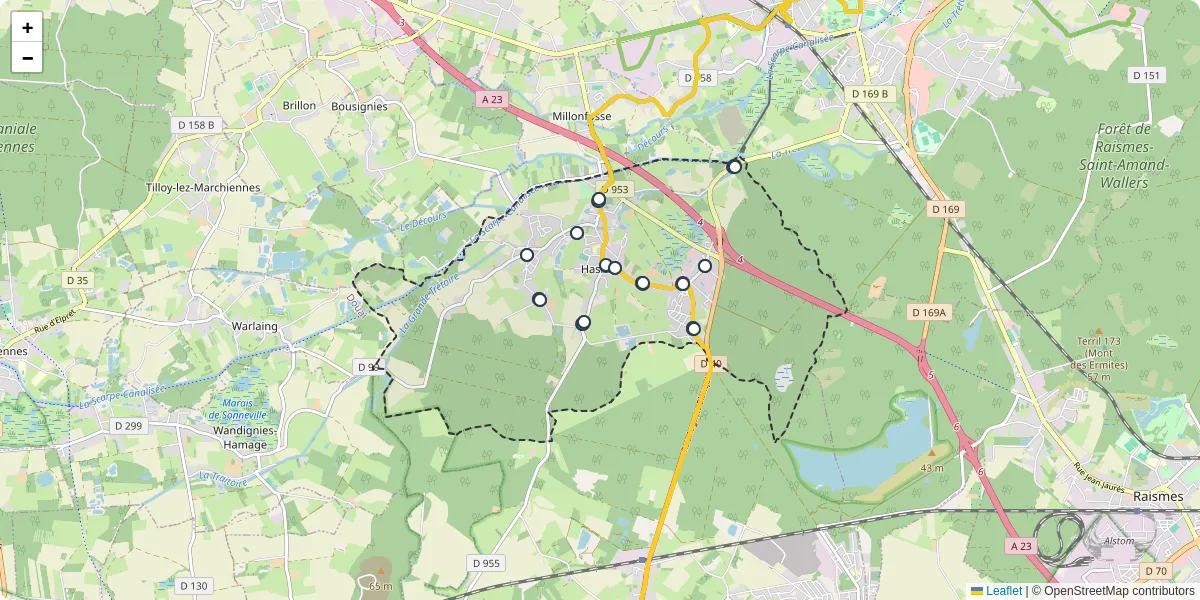 Carte du réseau de transport en commun à Hasnon - lignes de bus et arrêts
