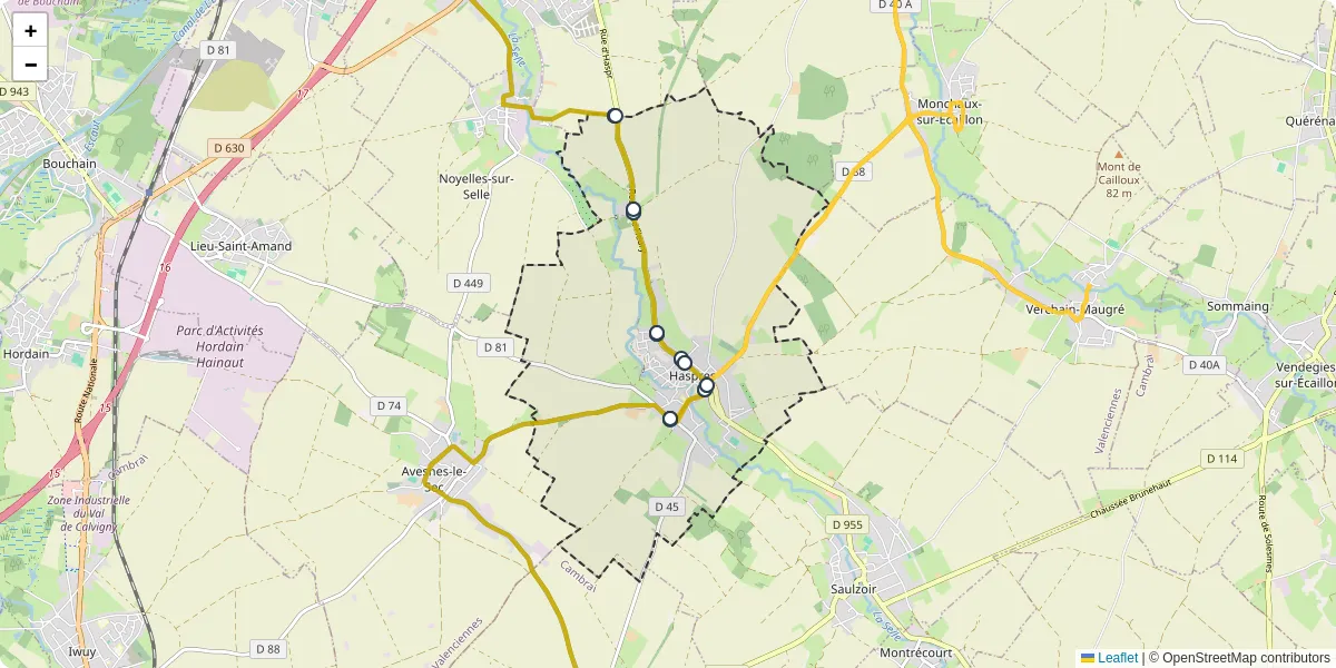 Carte du réseau de transport en commun à Haspres - lignes de bus et arrêts