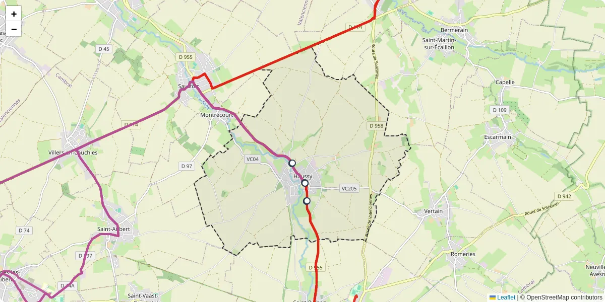 Carte du réseau de transport en commun à Haussy - lignes de bus et arrêts