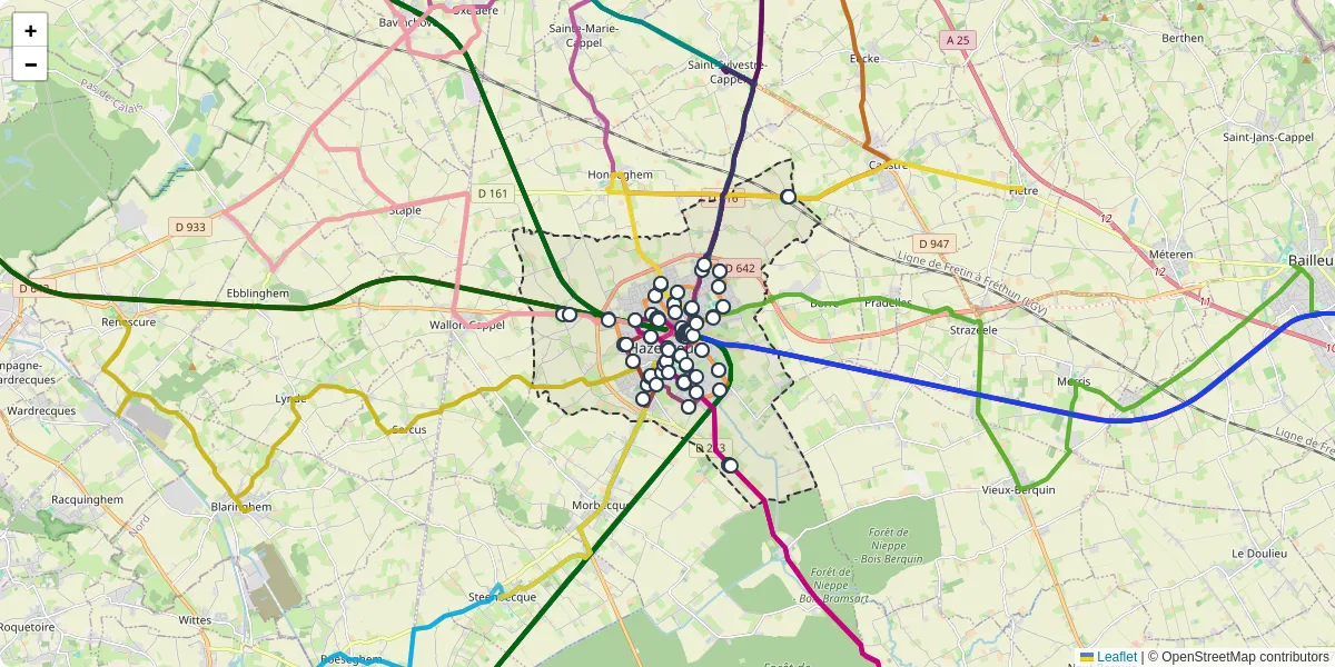 Carte du réseau de transport en commun à Hazebrouck - lignes de bus et arrêts