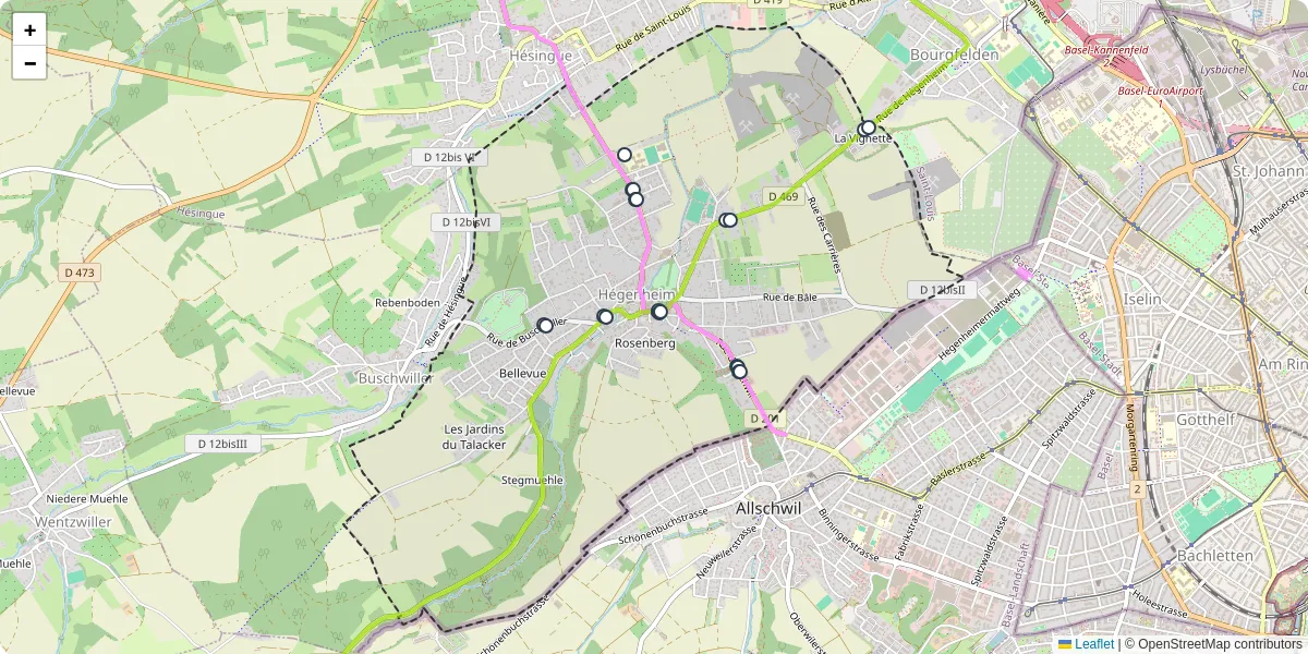 Carte du réseau de transport en commun à Hégenheim - lignes de bus et arrêts