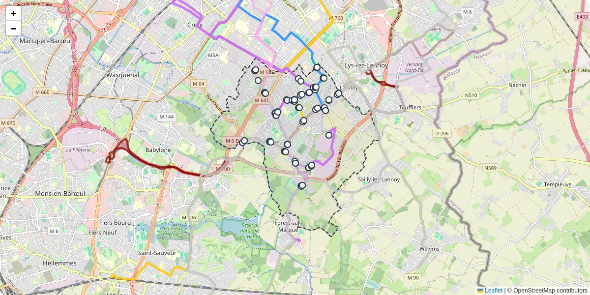 Carte du réseau de transport en commun à Hem - lignes de bus et arrêts