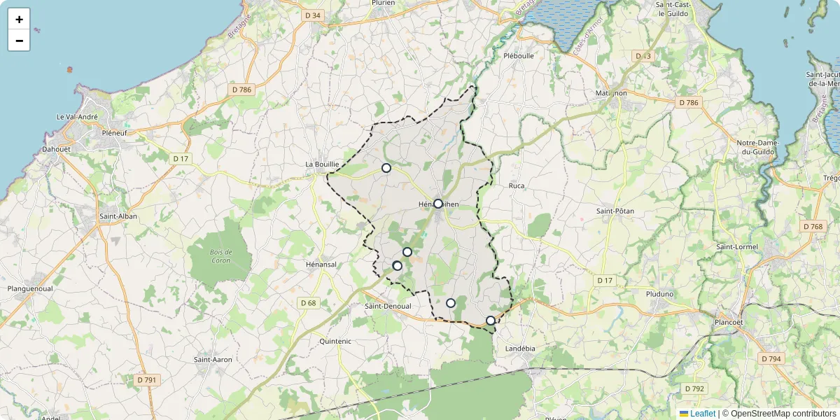 Carte du réseau de transport en commun à Hénanbihen - lignes de bus et arrêts