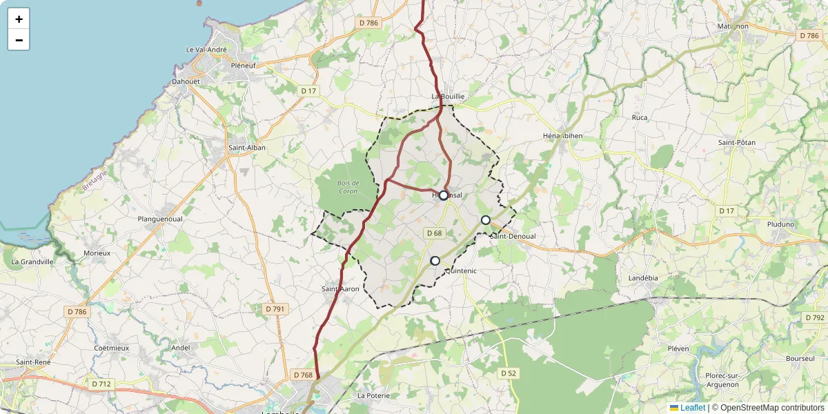 Carte du réseau de transport en commun à Hénansal - lignes de bus et arrêts