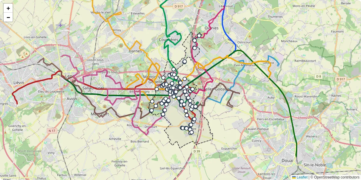 Carte du réseau de transport en commun à Hénin-Beaumont - lignes de bus et arrêts