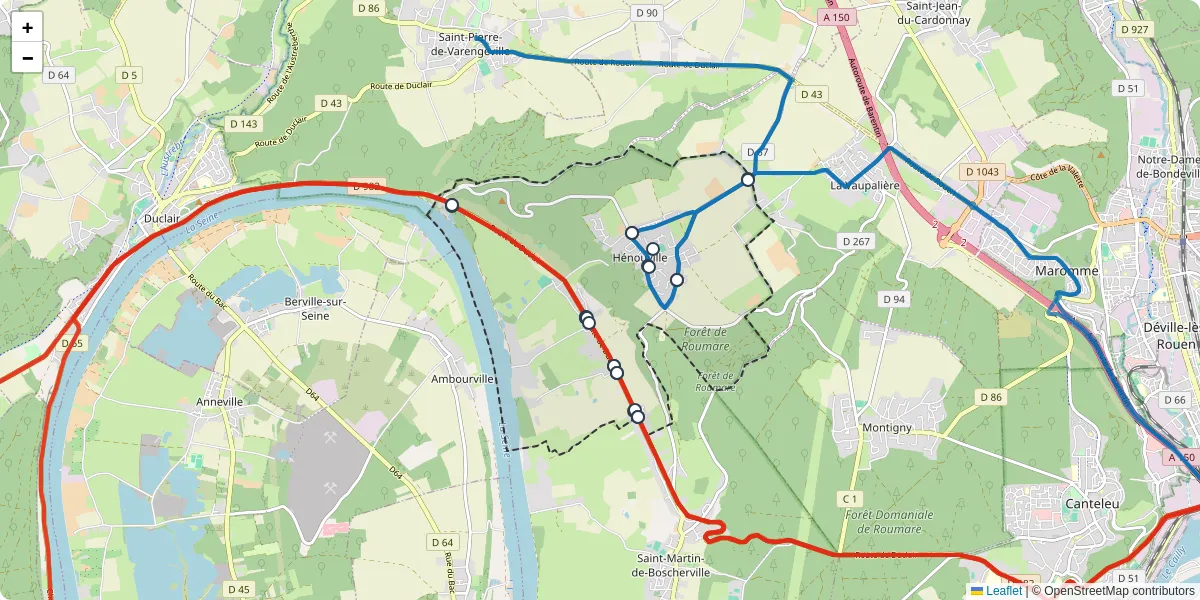 Carte du réseau de transport en commun à Hénouville - lignes de bus et arrêts