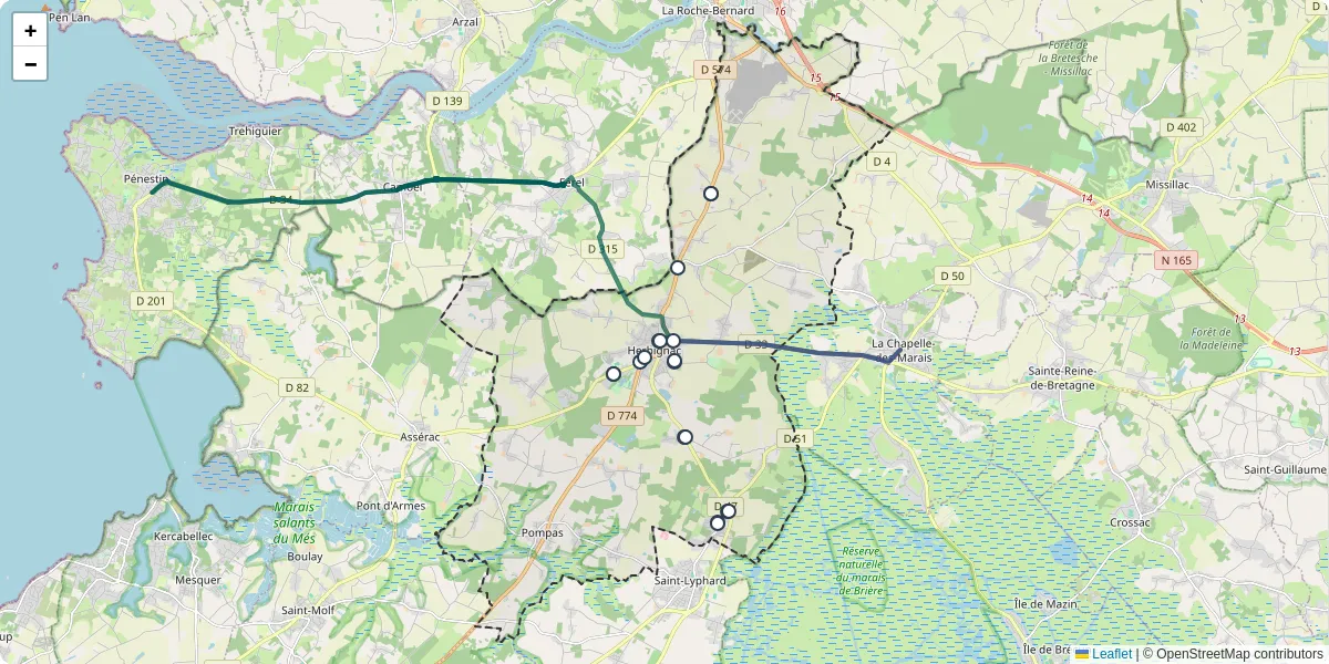 Carte du réseau de transport en commun à Herbignac - lignes de bus et arrêts