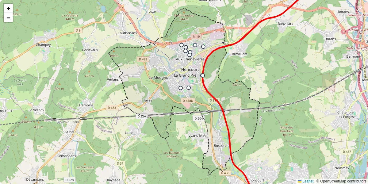 Carte du réseau de transport en commun à Héricourt - lignes de bus et arrêts