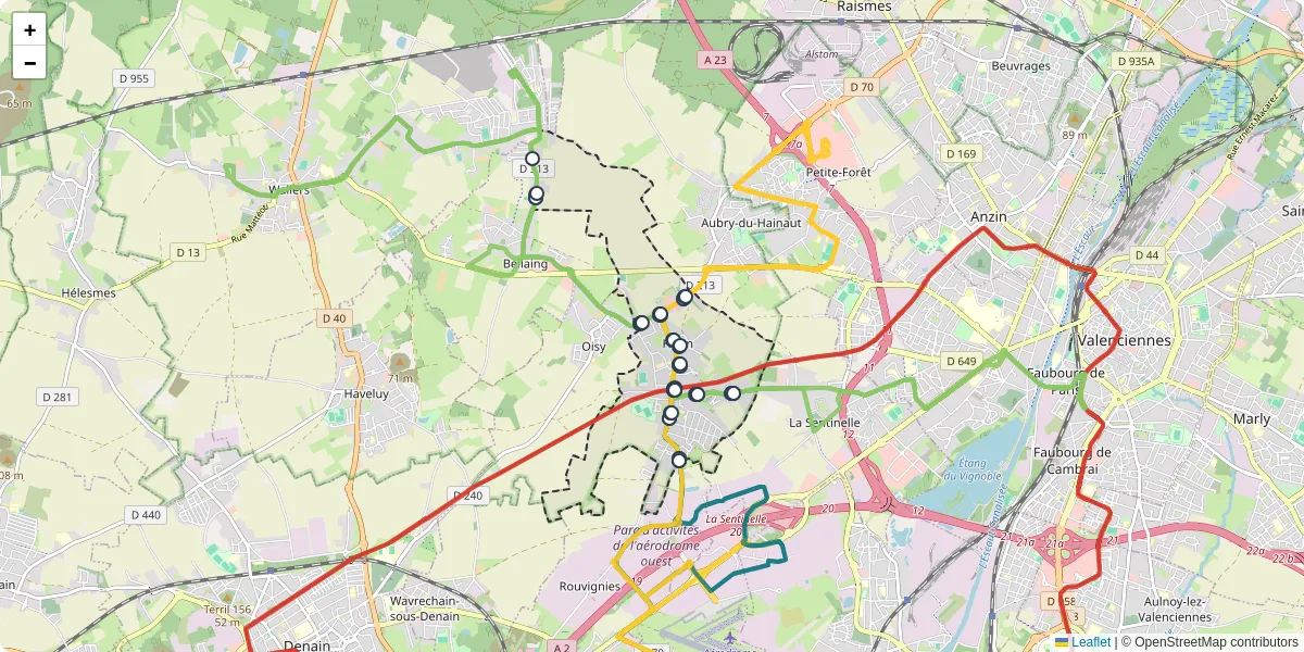 Carte du réseau de transport en commun à Hérin - lignes de bus et arrêts
