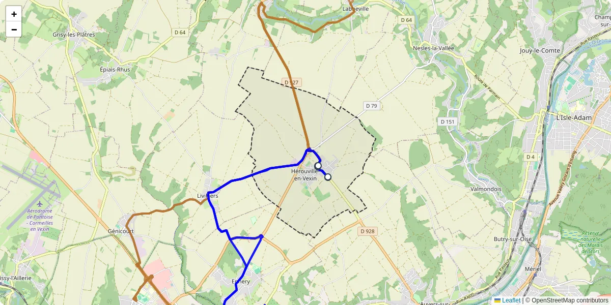 Carte du réseau de transport en commun à Hérouville-en-Vexin - lignes de bus et arrêts
