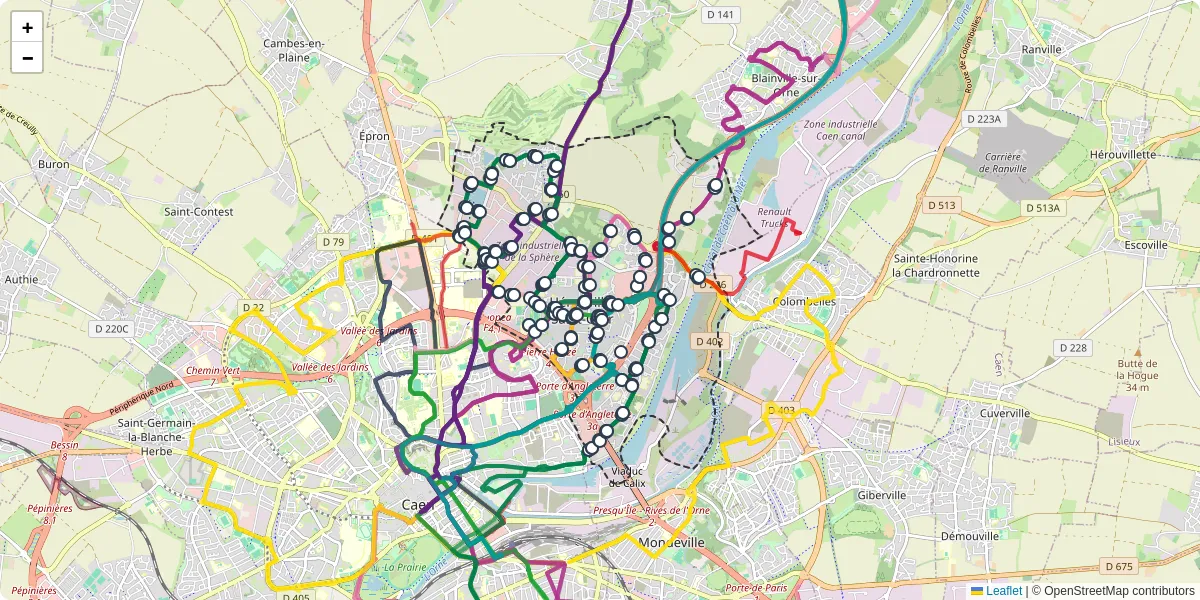 Carte du réseau de transport en commun à Hérouville-Saint-Clair - lignes de bus et arrêts