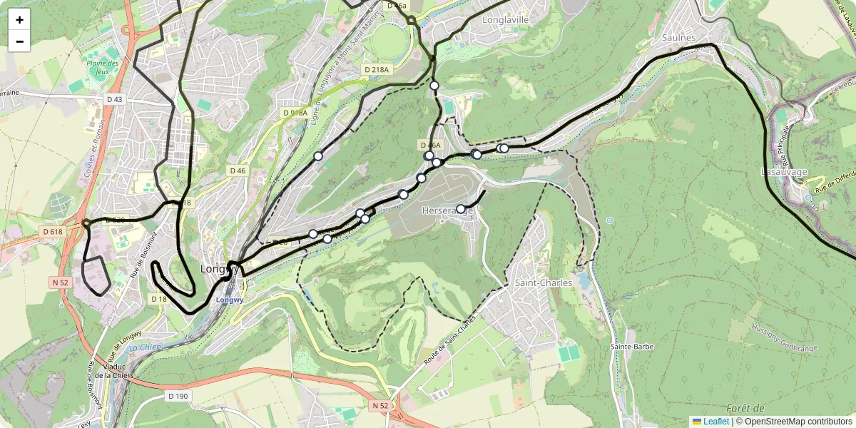 Carte du réseau de transport en commun à Herserange - lignes de bus et arrêts