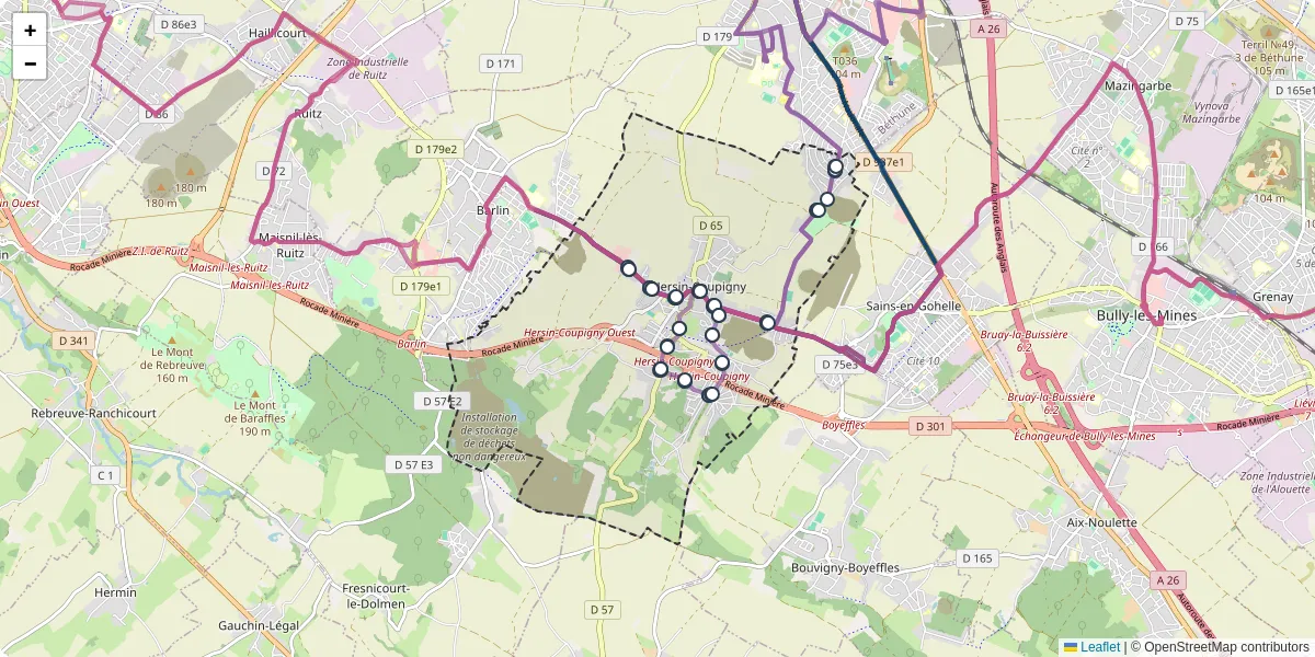 Carte du réseau de transport en commun à Hersin-Coupigny - lignes de bus et arrêts