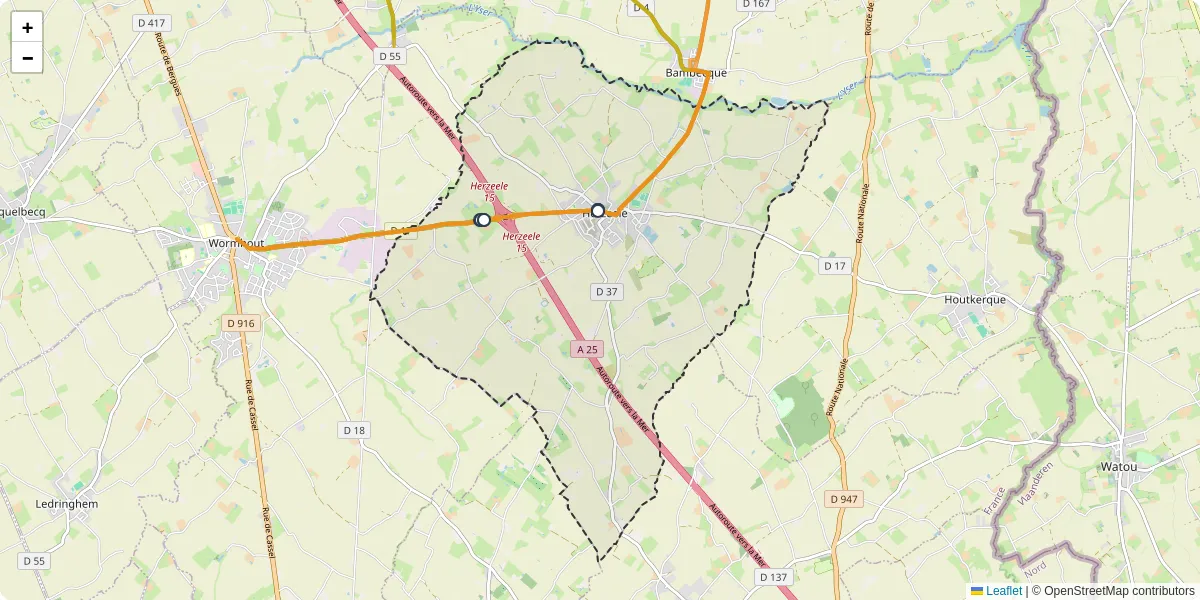 Carte du réseau de transport en commun à Herzeele - lignes de bus et arrêts