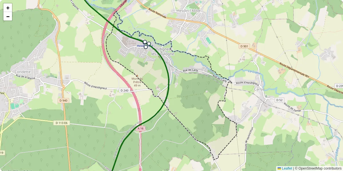 Carte du réseau de transport en commun à Hesdigneul-lès-Boulogne - lignes de bus et arrêts