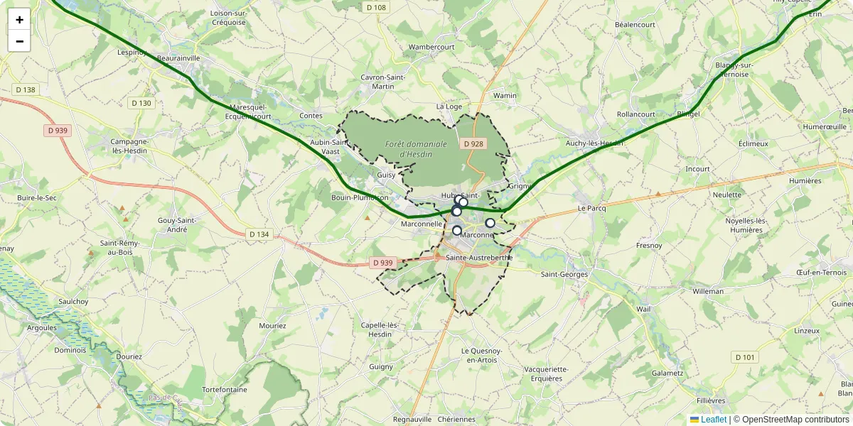 Carte du réseau de transport en commun à Hesdin-la-Forêt - lignes de bus et arrêts