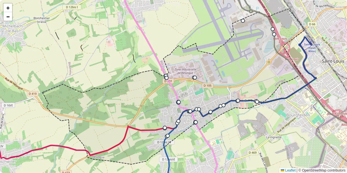 Carte du réseau de transport en commun à Hésingue - lignes de bus et arrêts