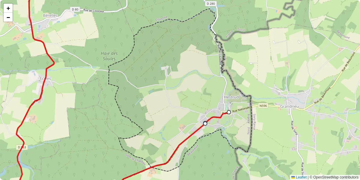 Carte du réseau de transport en commun à Hestrud - lignes de bus et arrêts