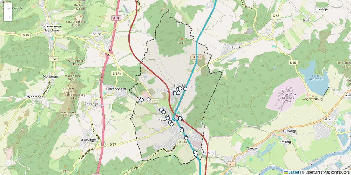 Carte du réseau de transport en commun à Hettange-Grande - lignes de bus et arrêts