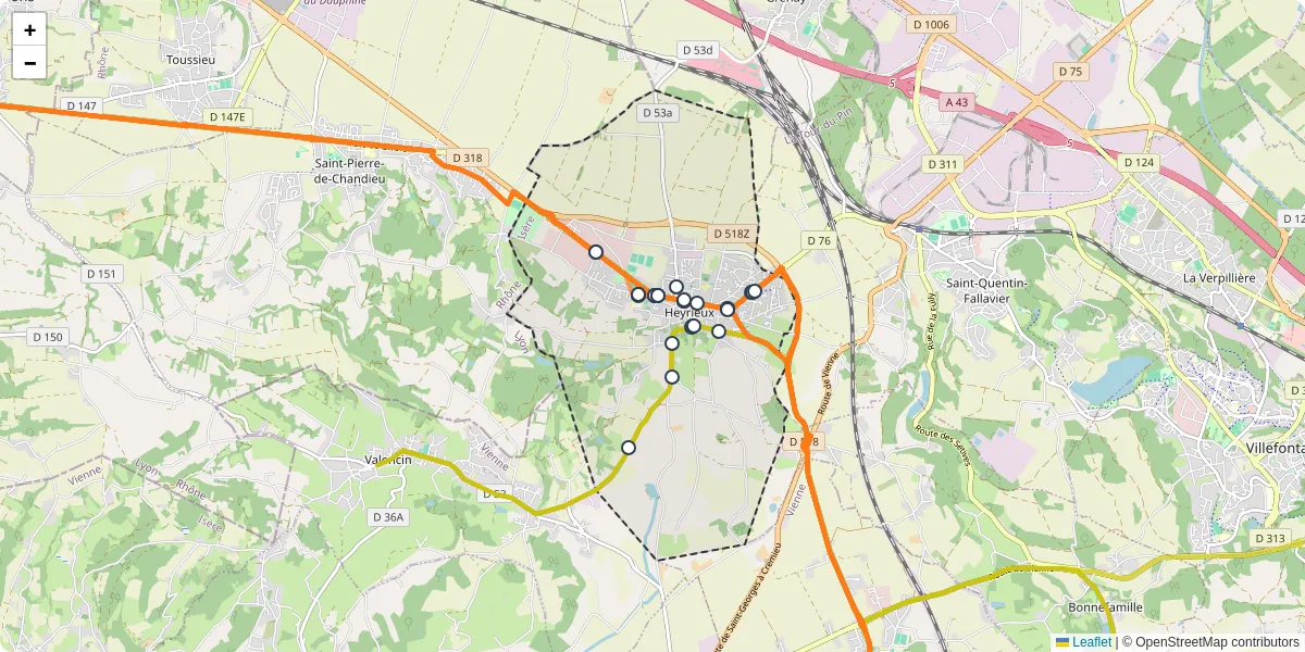 Carte du réseau de transport en commun à Heyrieux - lignes de bus et arrêts