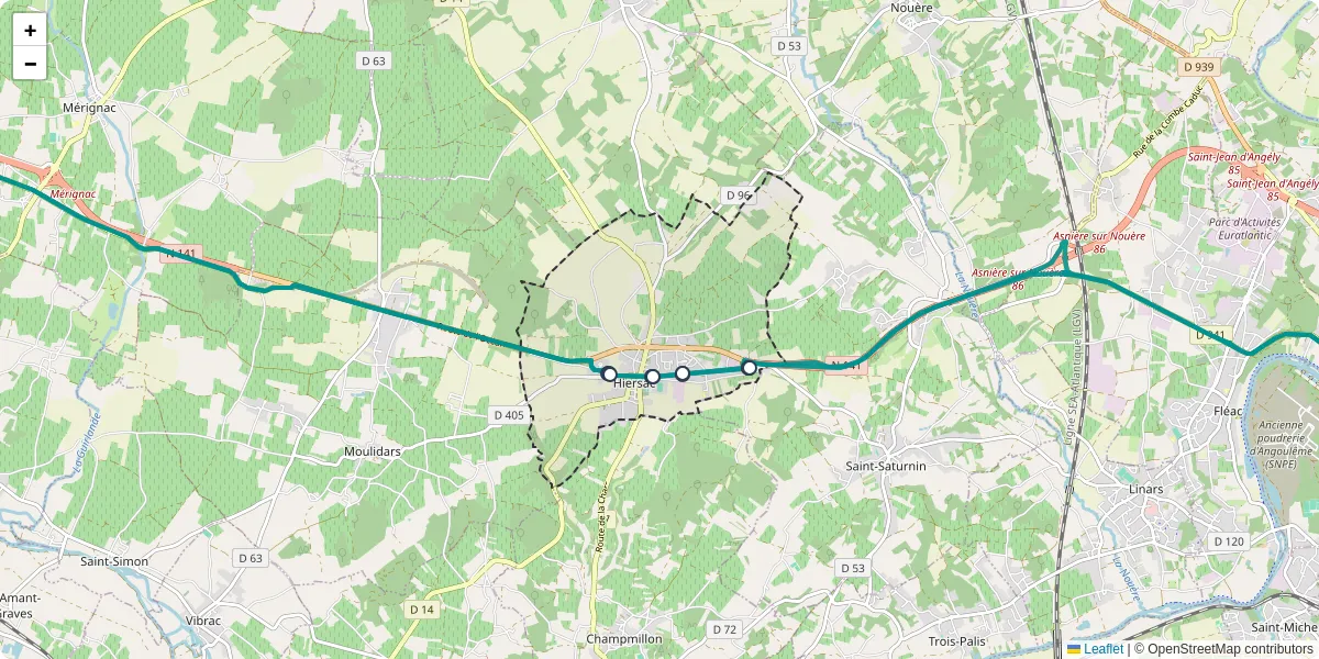 Carte du réseau de transport en commun à Hiersac - lignes de bus et arrêts