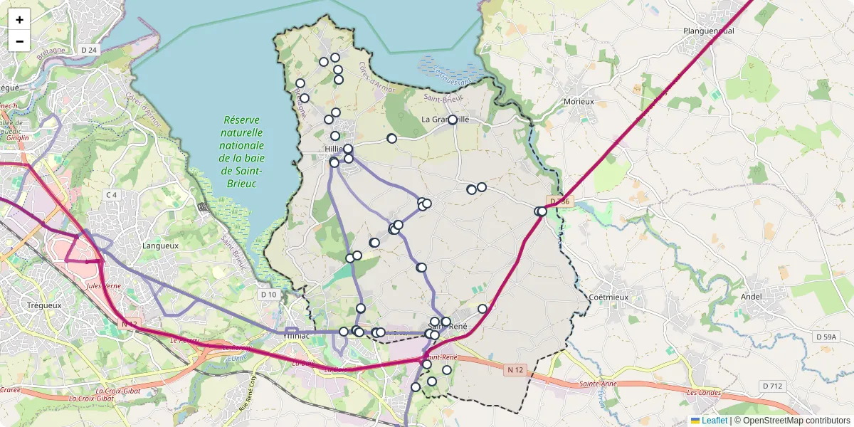 Carte du réseau de transport en commun à Hillion - lignes de bus et arrêts