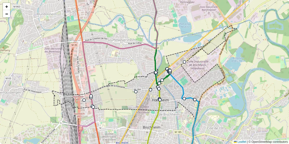 Carte du réseau de transport en commun à Hœnheim - lignes de bus et arrêts