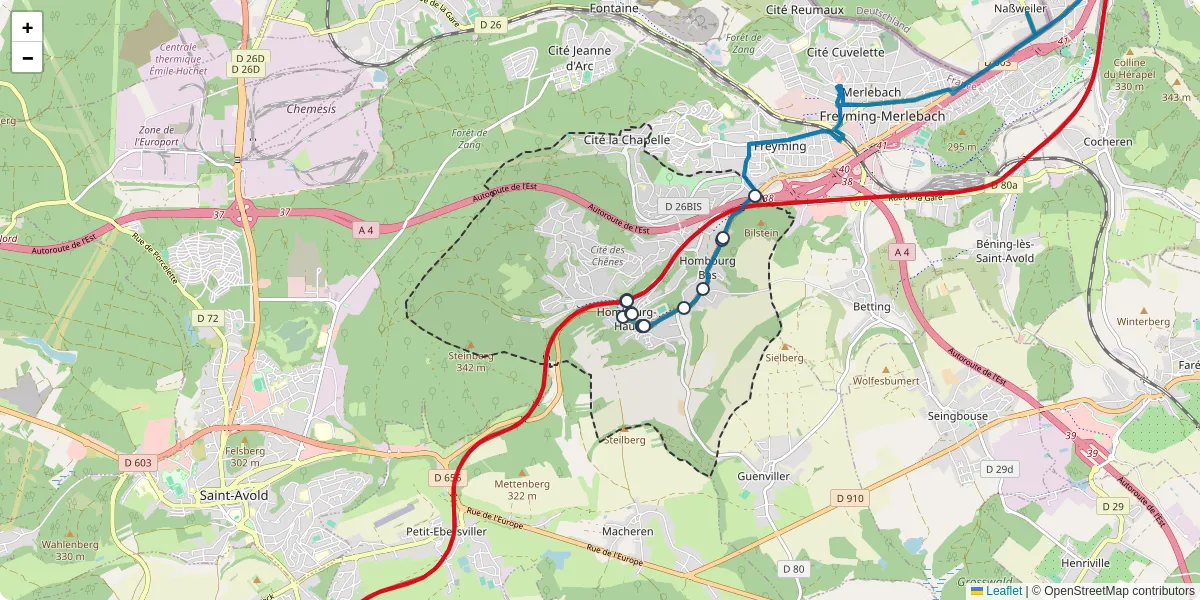 Carte du réseau de transport en commun à Hombourg-Haut - lignes de bus et arrêts