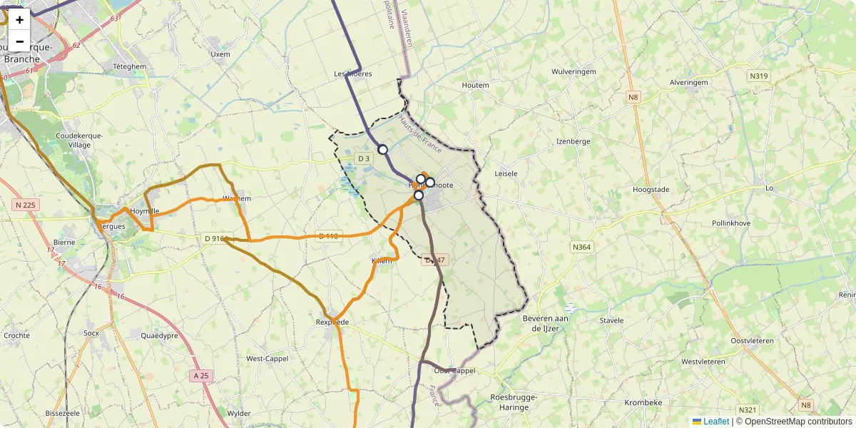Carte du réseau de transport en commun à Hondschoote - lignes de bus et arrêts
