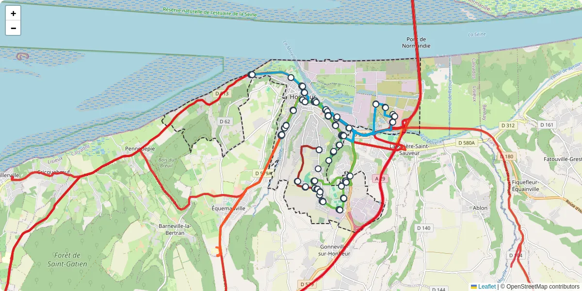 Carte du réseau de transport en commun à Honfleur - lignes de bus et arrêts